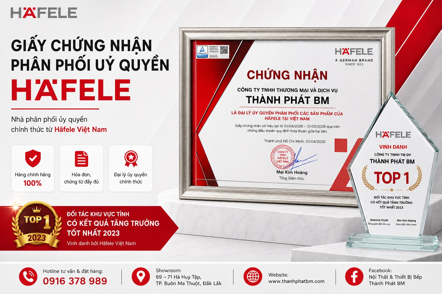 Giấy chứng nhận phân phối uỷ quyền Häfele của Công ty TNHH TM & DV Thành Phát BM, hiệu lực 01/04/2026 – 31/03/2028, kèm cúp vinh danh TOP 1 đối tác khu vực tỉnh tăng trưởng tốt nhất 2023
