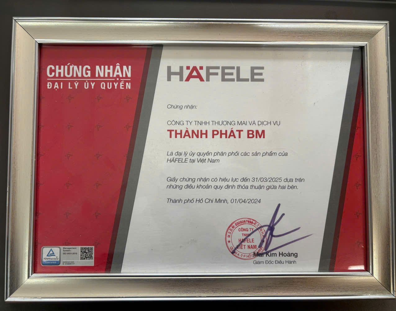 Chứng nhận đại lý ủy quyền Häfele cấp ngày 01/04/2024