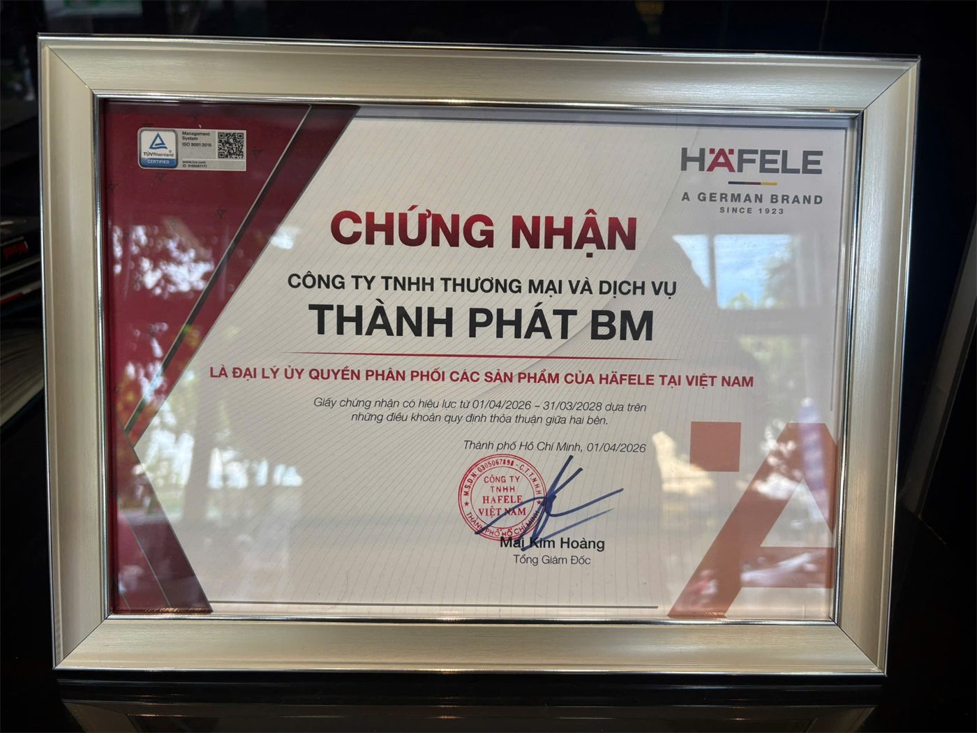 Chứng nhận đại lý ủy quyền phân phối sản phẩm Häfele tại Việt Nam