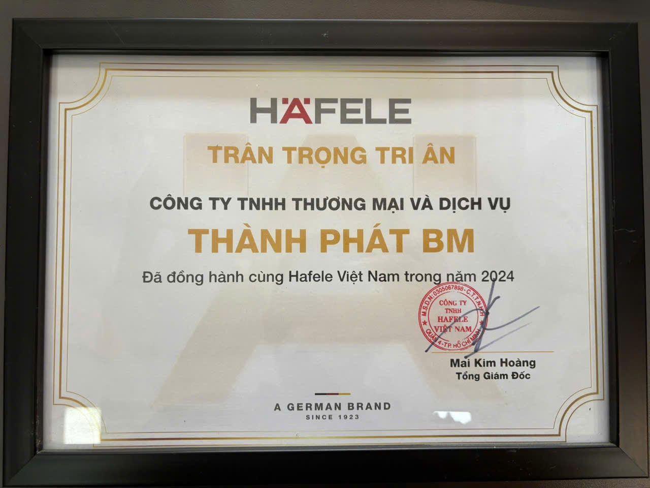 Bằng tri ân Häfele Việt Nam dành cho Thành Phát BM năm 2024